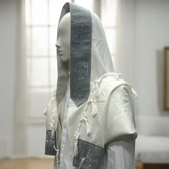 טלית פרימיום לחתן - שילוב אבני סברובסקי SWAROVSKI דגם "כתר גריי"