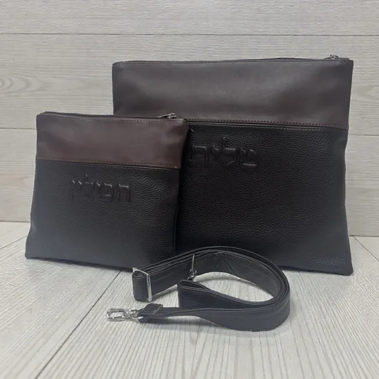 סט כיסויים לטלית ותפילין מעור אמיתי דגם "בראון"