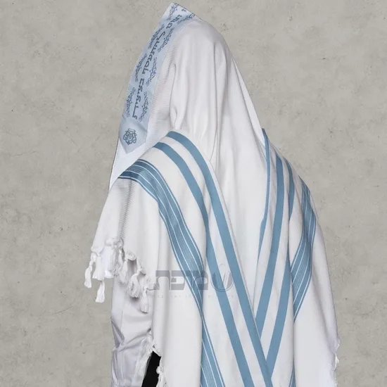 טלית כותנה לחתן דגם "רויאל" פסים תכלת